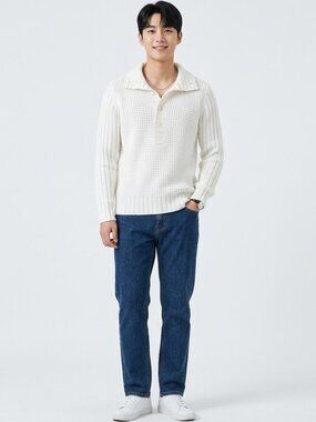 Korean Style, Gold Pool Men's White Henley Sweater Pure Cotton, Size: Slim Fit M